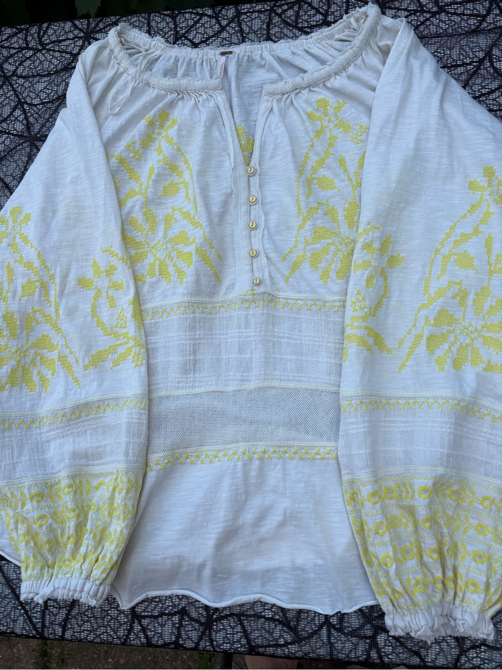 Free People White Blouse with Yellow Floral Embroidery